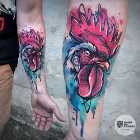 Tattoo Rooster On the arm motif: animals style: Watercolor