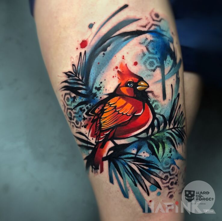 Tattoo Ptak in colorful motif and Watercolor style on the thigh