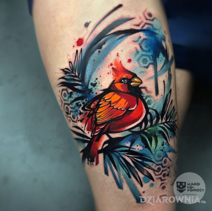 Tatuaż ptak w motywie ornamenty i stylu watercolor na przedramieniu