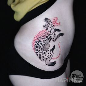 Tattoo Leopard on the stomach motif: black and gray style: graphic / illustrative