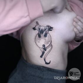 Tatuaż Baby Cerber na żebrach motyw: czarno-szare styl: graficzne / ilustracyjne