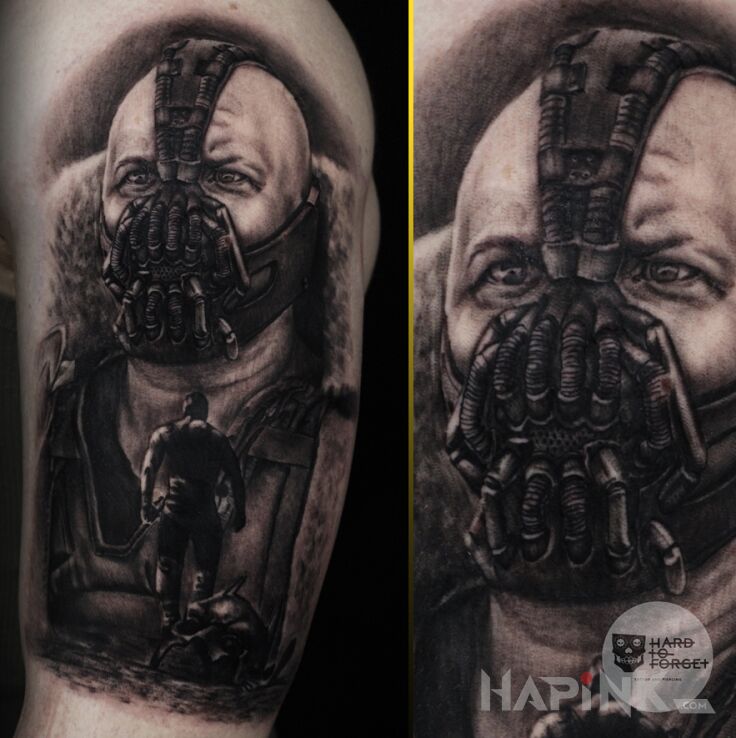 Tattoo Bane in black and gray motif and realistic style on the upper arm