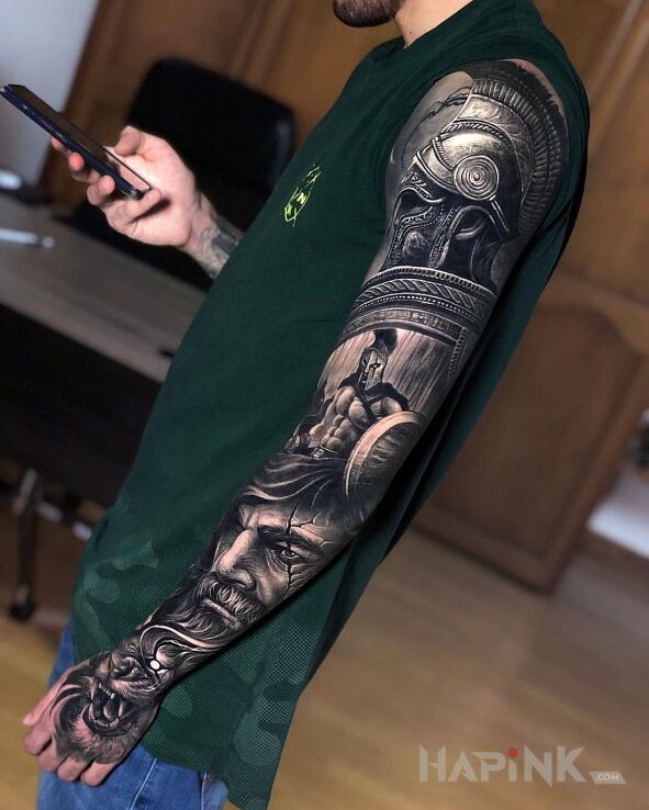 Tattoo Spartański wojownik in sleeves motif and realistic style on the forearm