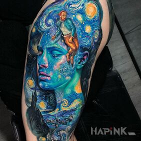 Tattoo Vincent van Gogh on the thigh motif: colorful style: surrealistic