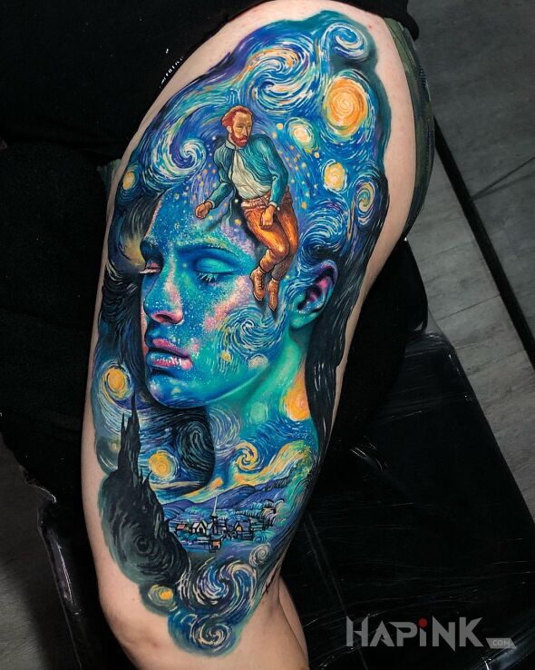 Tattoo Vincent van Gogh in colorful motif and surrealistic style on the leg