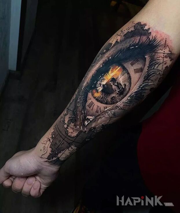 Tattoo Chłopczyk w źrenicy in black and gray motif and realistic style on the forearm