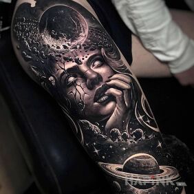 Tattoo Girl in space on the thigh motif: cosmos style: realistic