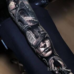 Tattoo Journey into the self on the forearm motif: characters style: realistic