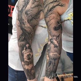 Tattoo Sleeve depicting nature on the forearm motif: sleeves style: realistic