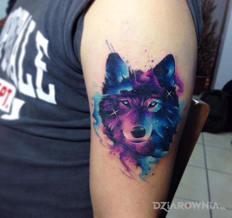 Tatuaż gwiezdny wilk w motywie zwierzęta na ramieniu