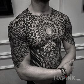 Tattoo Geometric vision on the collarbone motif: black and gray style: geometric