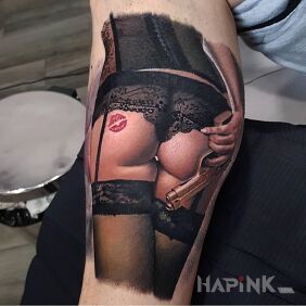 Tattoo Woman with a gun on the calf motif: 3D style: realistic