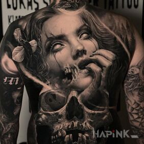 Tattoo Dark lady on the nape motif: butterflies style: realistic