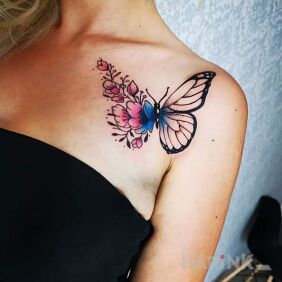 Tattoo Butterfly:* on the chest motif: flowers style: graphic / illustrative