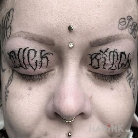 Tattoo Luck bitch? on the eyelids motif: lettering
