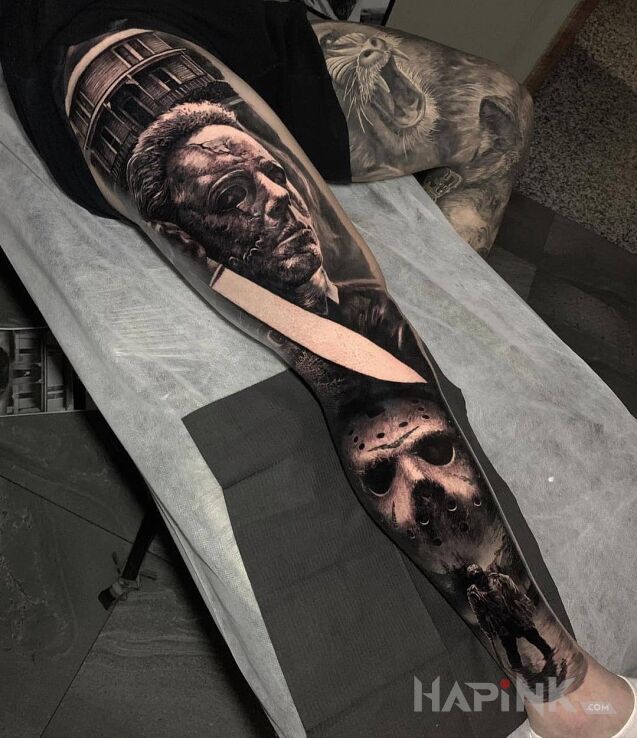 Tattoo Michael Myers in faces motif and realistic style on the calf