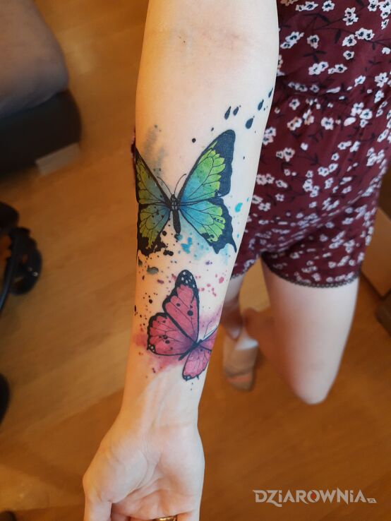 Tatuaż kolorowe motyle w motywie motyle na przedramieniu