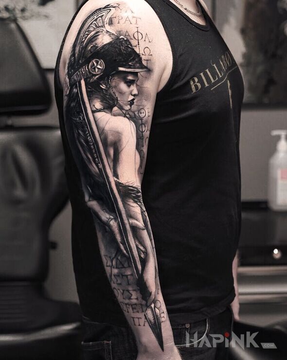 Tattoo Wojowniczka z włócznią in sleeves motif and realistic style On the arm