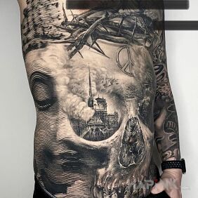 Tattoo The Cathedral is Burning on the stomach motif: black and gray style: graphic / illustrative