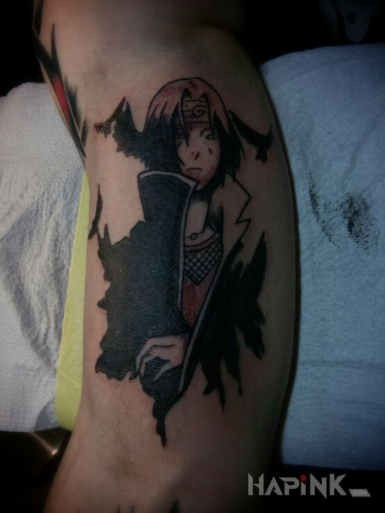 Tattoo Itachi in characters motif and japanese / irezumi style on the forearm