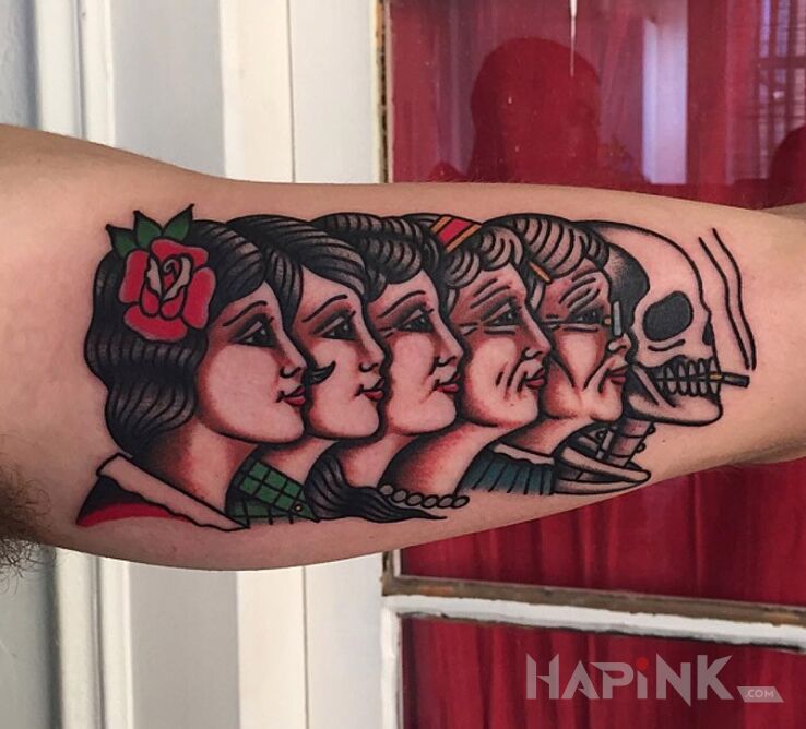 Tattoo Cykl życia i śmierci in characters motif on the upper arm