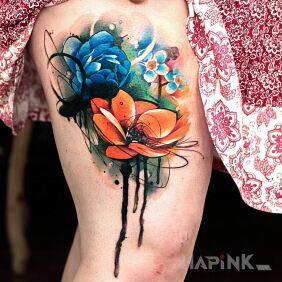 Tattoo Flowers on the thigh on the leg motif: colorful style: Watercolor