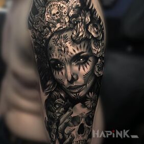 Tattoo Shamaness On the arm motif: black and gray style: realistic
