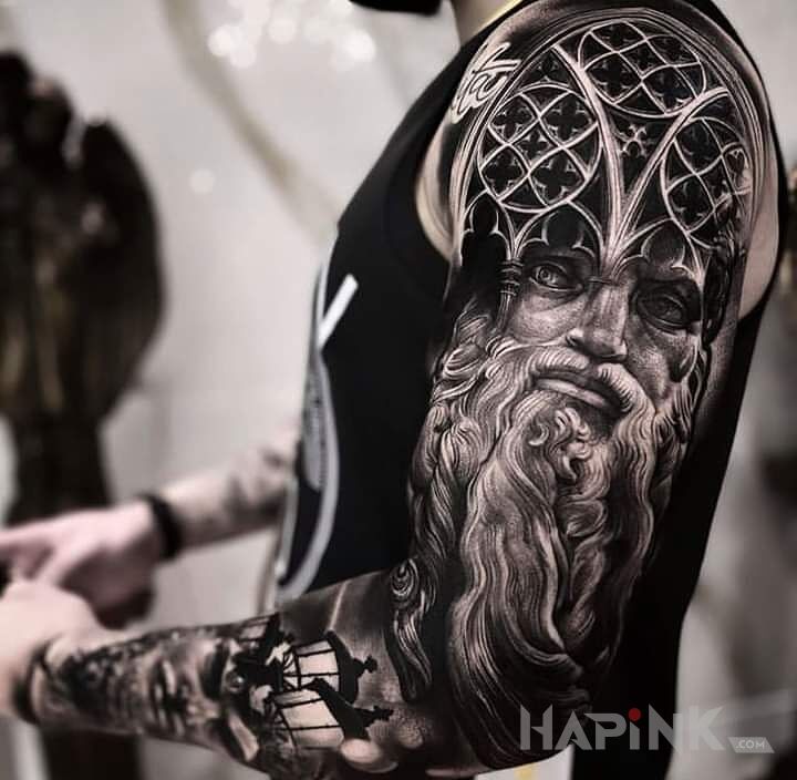 Tattoo Dziad z witrazami in sleeves motif and realistic style On the arm