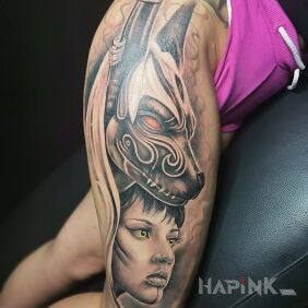 Tattoo Anubis on the leg motif: 3D style: realistic
