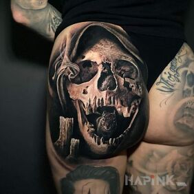 Tattoo Squirrel in a skull on the buttocks motif: dark style: realistic