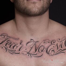 Tattoo Fear no devil on the collarbone motif: lettering style: calligraphy