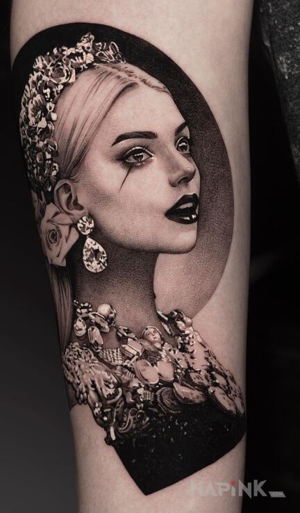 Tattoo Obłędny portret in black and gray motif and realistic style On the arm