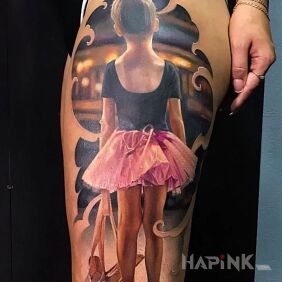 Tattoo Photorealistic little ballerina on the thigh motif: characters style: realistic
