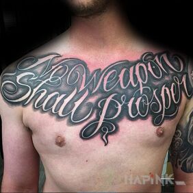Tattoo Weapons will not prevail on the collarbone motif: black and gray style: calligraphy