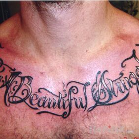Tattoo Fight for beauty on the chest motif: black and gray style: calligraphy