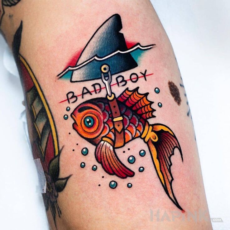 Tattoo Bad Boy in funny motif and newschool style on the forearm