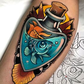 Tattoo Fish in a flask on the calf motif: colorful style: newschool