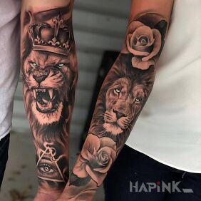 Tattoo Calm and angry lion On the arm motif: animals style: realistic