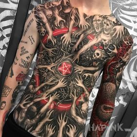 Tattoo Pentagram surrounded by demons on the upper arm motif: dark style: graphic / illustrative