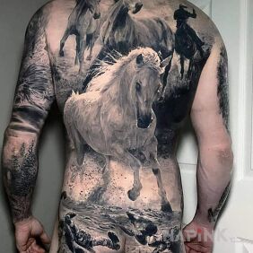 Tattoo Horses in gallop on the buttocks motif: 3D style: realistic