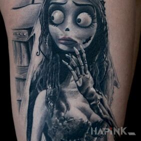 Tattoo The Corpse Bride on the thigh motif: black and gray style: realistic
