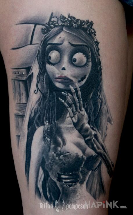 Tattoo Gnijąca panna młoda in black and gray motif and realistic style on the leg