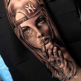 Tattoo Skate girl on the forearm motif: black and gray style: realistic
