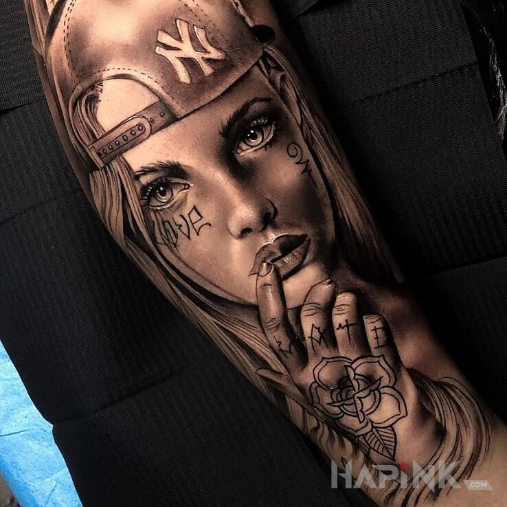 Tattoo Skate girl in faces motif and realistic style on the forearm