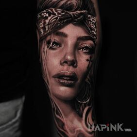 Tattoo Gangsta girl On the arm motif: faces style: realistic