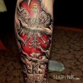 Tattoo GKS Jastrzębie on the calf motif: patriotic