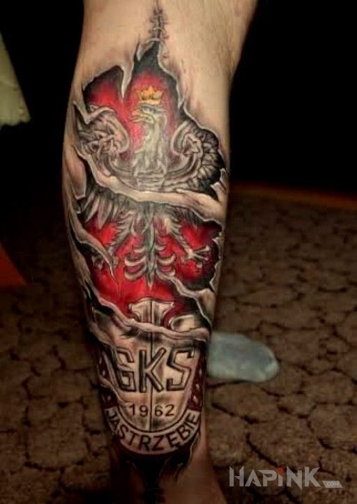 Tattoo GKS Jastrzębie in patriotic motif on the calf