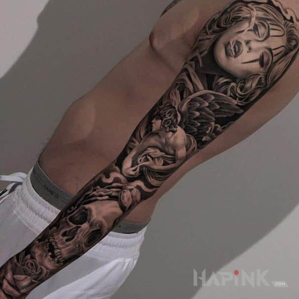 Tattoo Same dobre wzory in faces motif and realistic style on the forearm