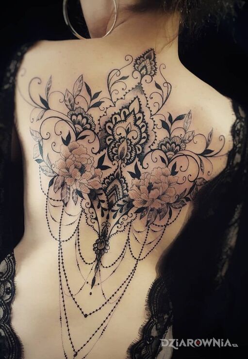 Tatuaż miodne połączenie w motywie ornamenty i stylu graficzne / ilustracyjne na plecach