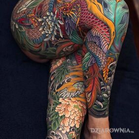 Tatuaż Nóżki kolorowe nóżki na udzie motyw: nogawki styl: japońskie / irezumi